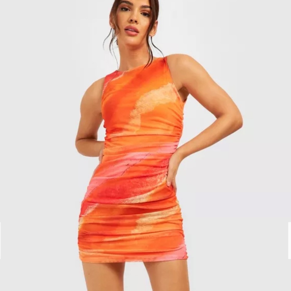ABSTRACT RUCHED MESH TIE DYE MINI DRESS